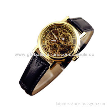 Automatic men wristwatch with black genuine leather band